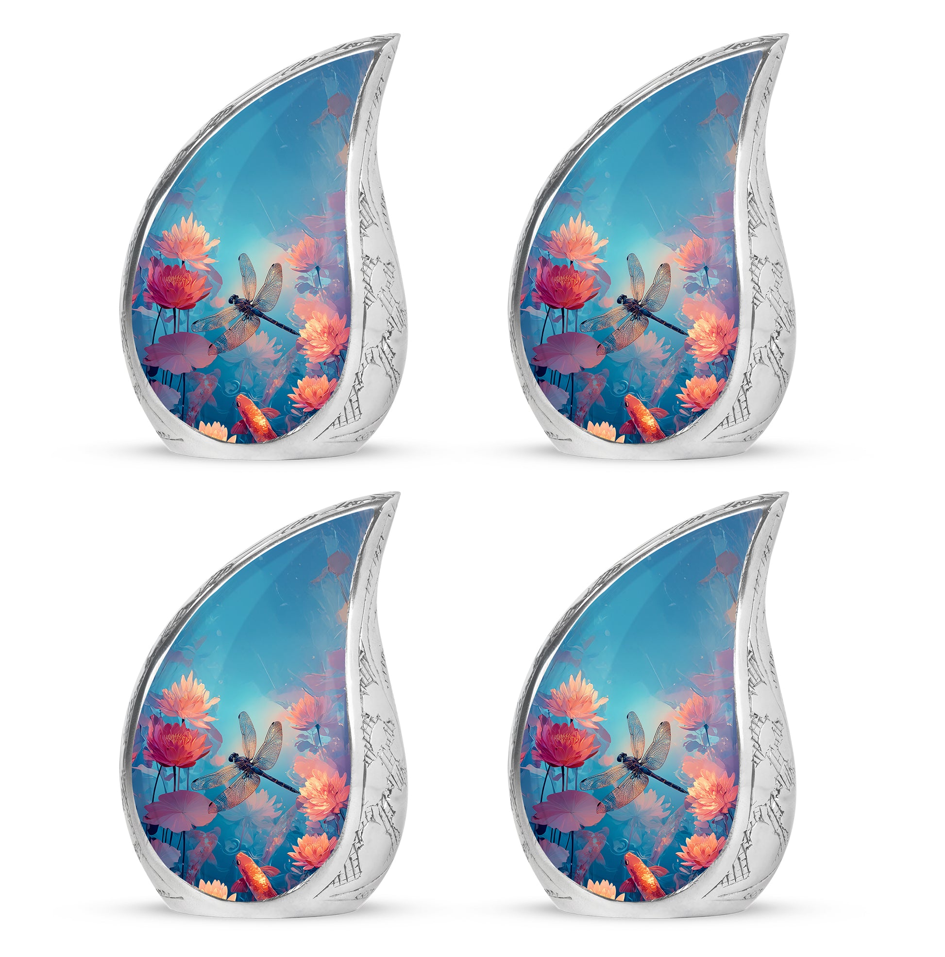 Cool Teal Dragonfly Cremation Urn close-up of engraving and surface detail - flowing teardrop dragonfly silhouette on curved aluminum - 10 inch aluminum urn for cremated remains