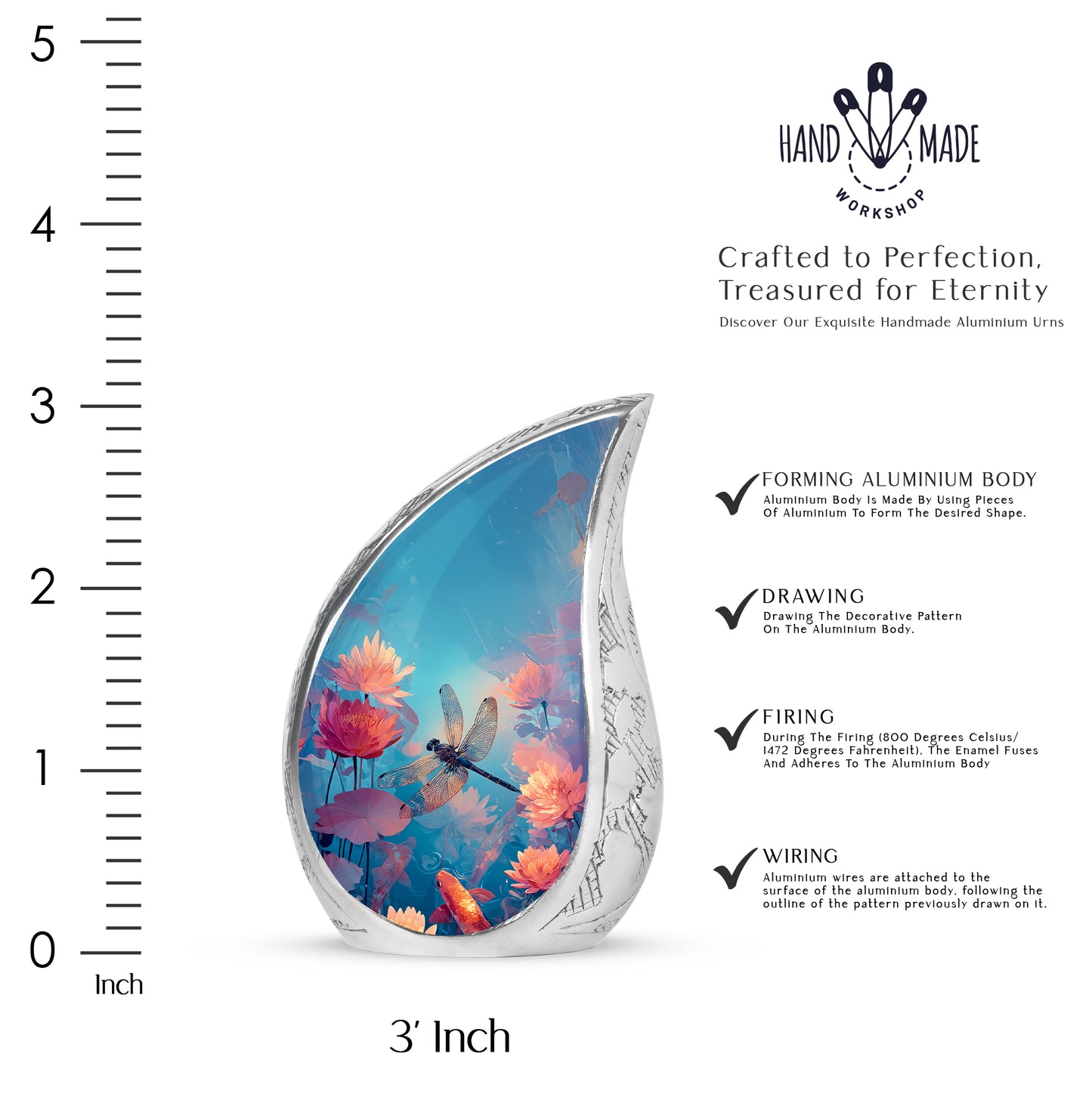 Soft Teal Dragonfly Cremation Urn angled view of lid and engraved motif - rounded teardrop dragonfly design with delicate detail - mini keepsake memorial for portion of cremation ashes