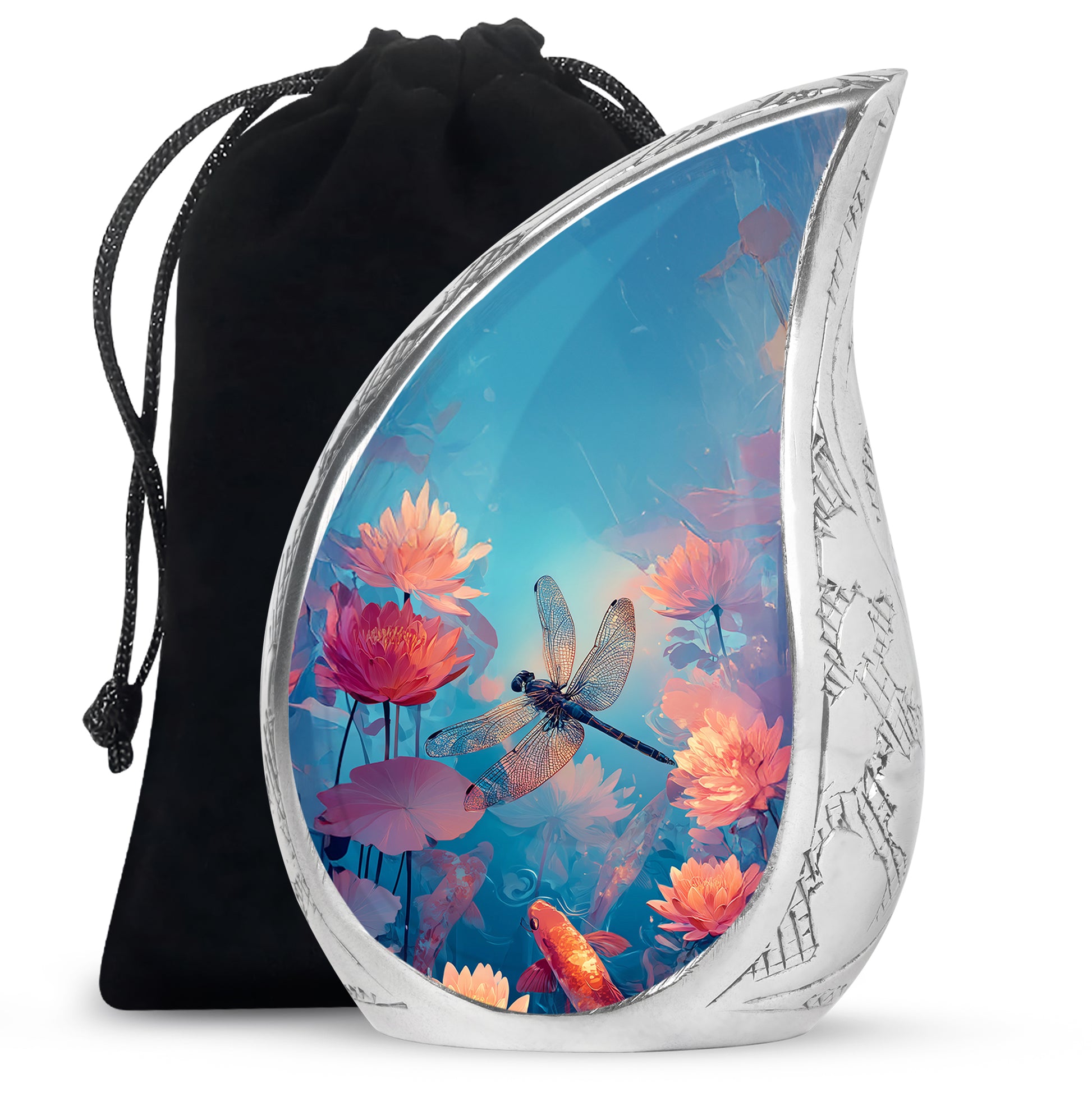 Vivid Teal Dragonfly Cremation Urn front view showing detailed design - smooth teardrop contour featuring dragonfly art - full-size 10 inch 200 cubic inch adult cremation urn