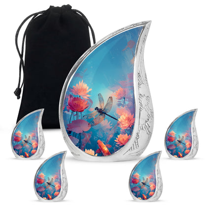 Vivid Teal Dragonfly Cremation Urn side profile showing urn shape - graceful tear-shaped urn with dragonfly motif - memorial set with one large and four small urns