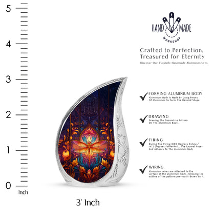 Misty Blue Dragonfly Cremation Urn angled view of lid and engraved motif - flowing teardrop dragonfly silhouette on curved aluminum - mini keepsake memorial for portion of cremation ashes