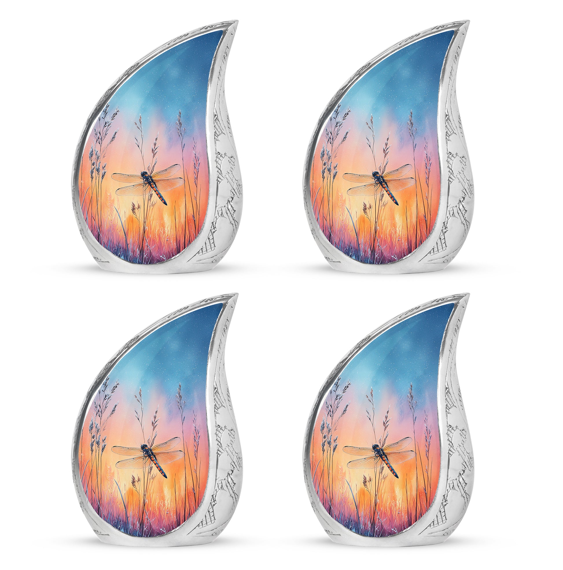 Steel Blue Dragonfly Cremation Urn close-up of engraving and surface detail - smooth teardrop contour featuring dragonfly art - 10 inch aluminum urn for cremated remains