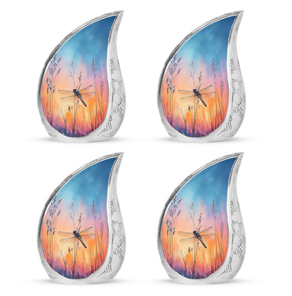 Steel Blue Dragonfly Cremation Urn close-up of engraving and surface detail - smooth teardrop contour featuring dragonfly art - 10 inch aluminum urn for cremated remains