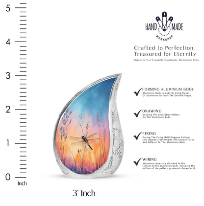 Calming Blue Dragonfly Cremation Urn angled view of lid and engraved motif - smooth teardrop contour featuring dragonfly art - mini keepsake memorial for portion of cremation ashes