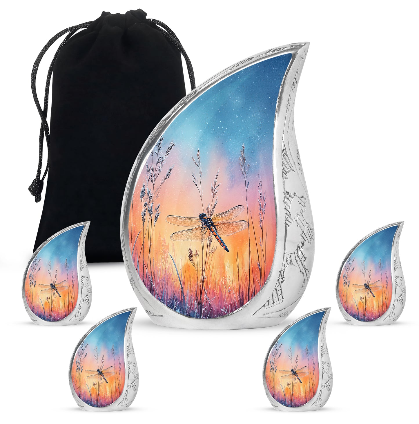 Azure Dragonfly Cremation Urn side profile showing urn shape - flowing teardrop dragonfly silhouette on curved aluminum - memorial set with one large and four small urns