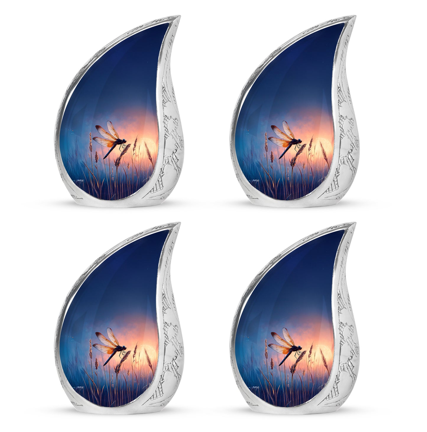 Slate Blue Dragonfly Cremation Urn close-up of engraving and surface detail - rounded teardrop dragonfly design with delicate detail - 10 inch aluminum urn for cremated remains