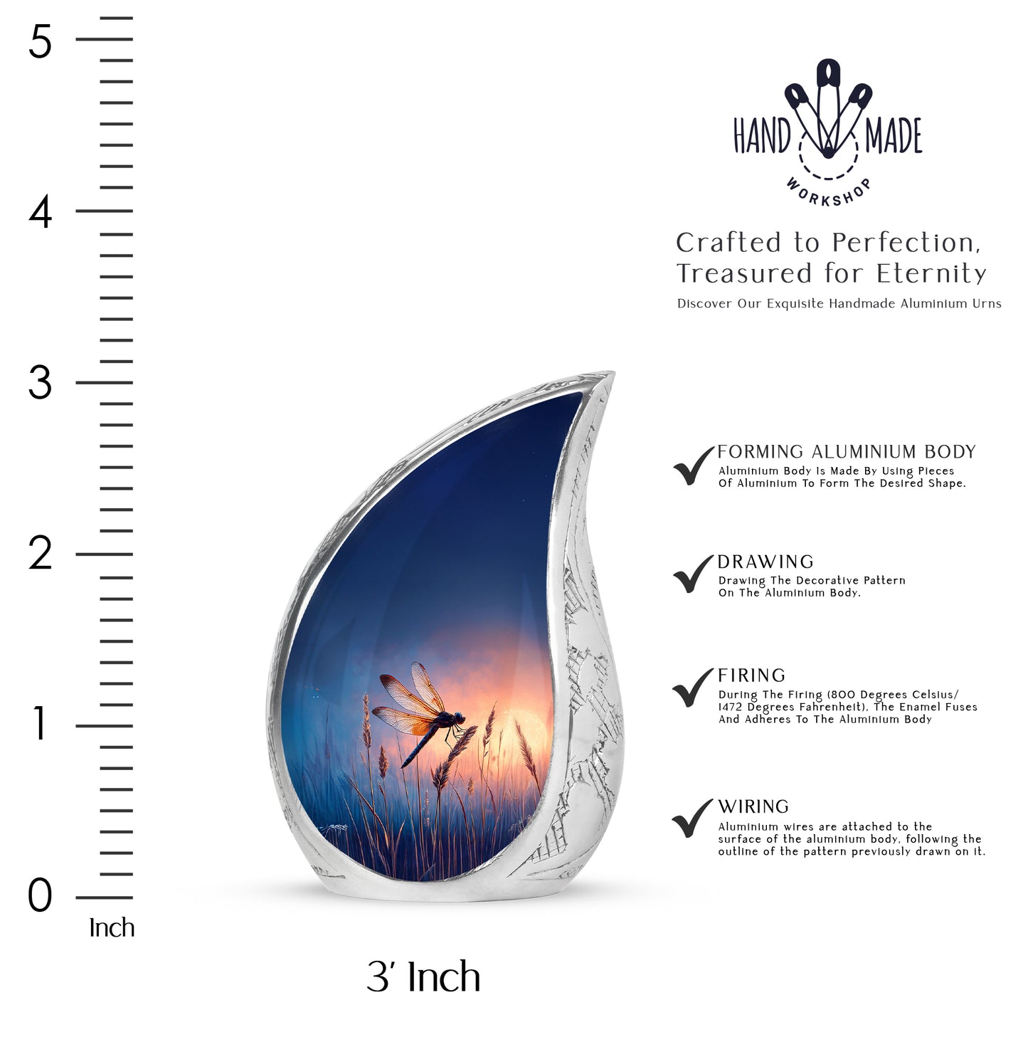 Sapphire Blue Dragonfly Cremation Urn angled view of lid and engraved motif - graceful tear-shaped urn with dragonfly motif - mini keepsake memorial for portion of cremation ashes
