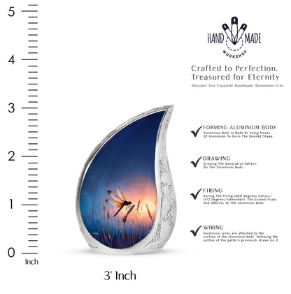 Sapphire Blue Dragonfly Cremation Urn angled view of lid and engraved motif - graceful tear-shaped urn with dragonfly motif - mini keepsake memorial for portion of cremation ashes