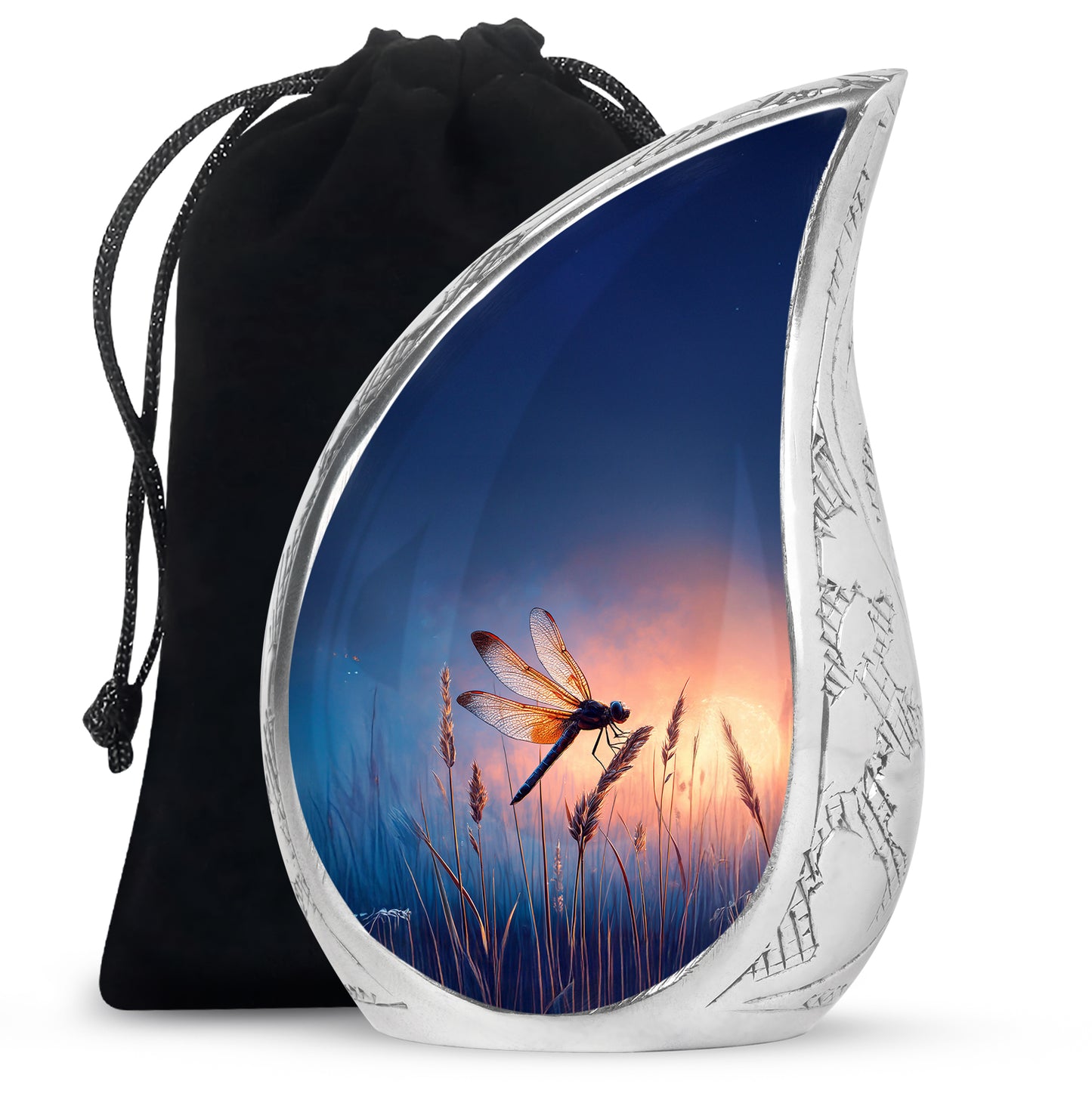 Cobalt Blue Dragonfly Cremation Urn front view showing detailed design - smooth teardrop contour featuring dragonfly art - full-size 10 inch 200 cubic inch adult cremation urn