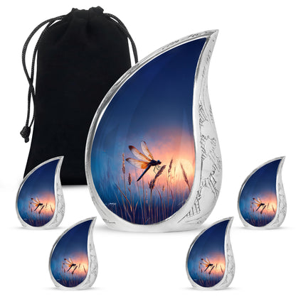 Twilight Blue Dragonfly Cremation Urn side profile showing urn shape - graceful tear-shaped urn with dragonfly motif - memorial set with one large and four small urns