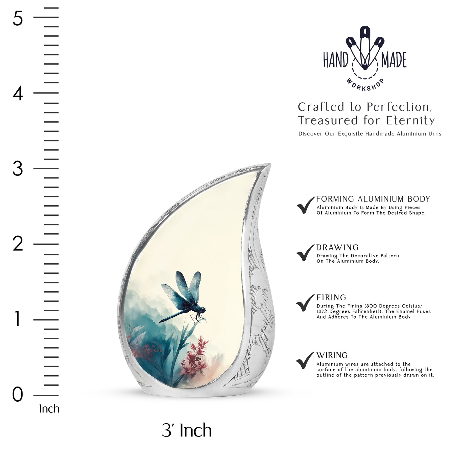 Frost White Dragonfly Cremation Urn angled view of lid and engraved motif - flowing teardrop dragonfly silhouette on curved aluminum - mini keepsake memorial for portion of cremation ashes