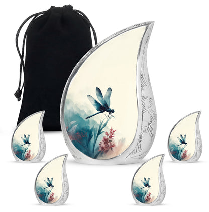 Alabaster White Dragonfly Cremation Urn side profile showing urn shape - rounded teardrop dragonfly design with delicate detail - memorial set with one large and four small urns