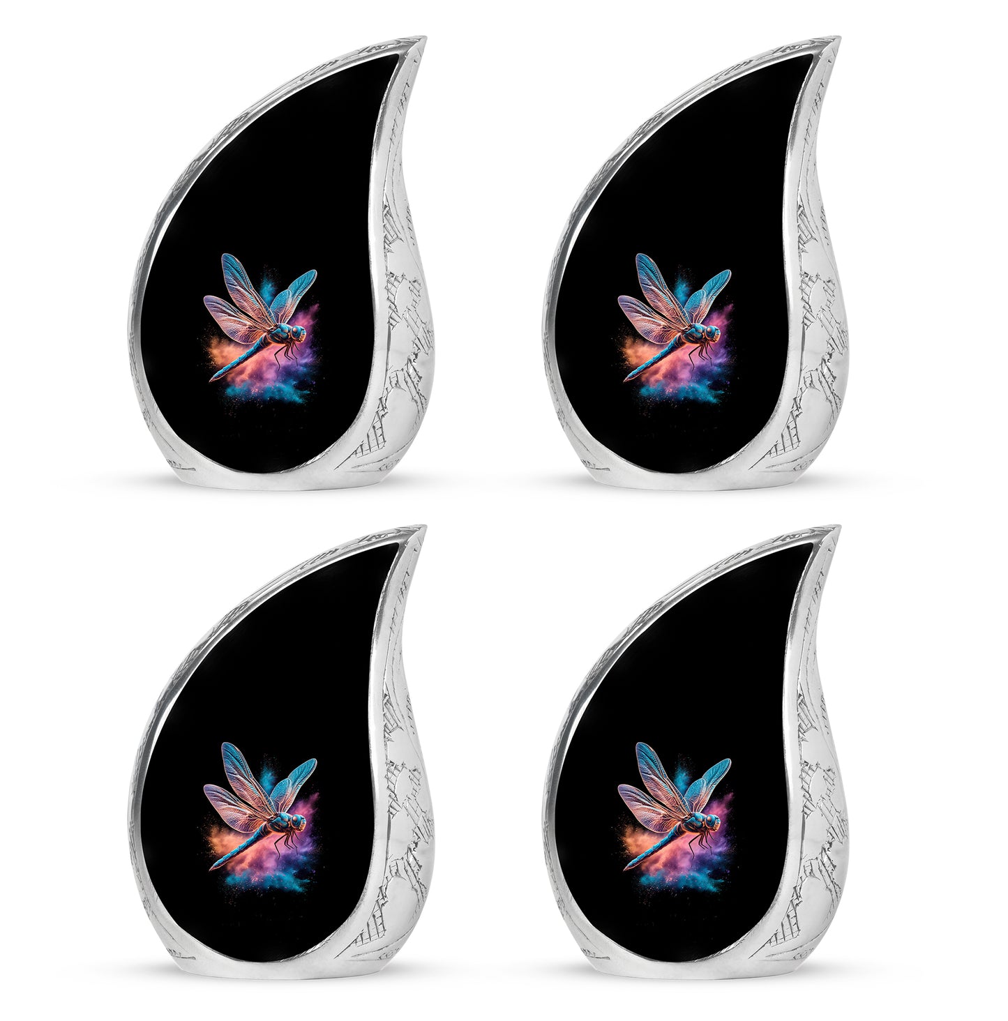 Jet Black Dragonfly Cremation Urn close-up of engraving and surface detail - rounded teardrop dragonfly design with delicate detail - 10 inch aluminum urn for cremated remains