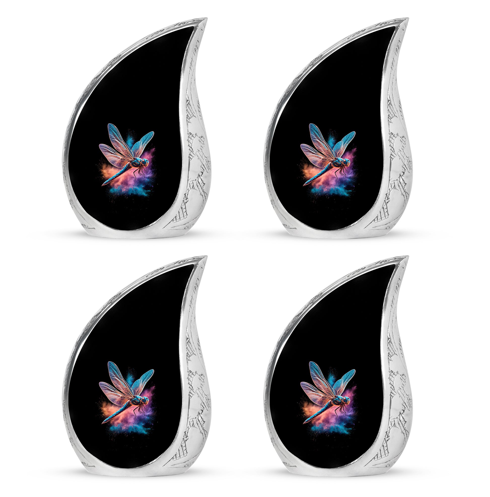 Jet Black Dragonfly Cremation Urn close-up of engraving and surface detail - rounded teardrop dragonfly design with delicate detail - 10 inch aluminum urn for cremated remains