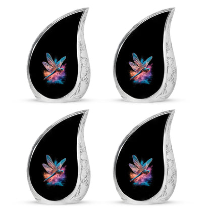 Jet Black Dragonfly Cremation Urn close-up of engraving and surface detail - rounded teardrop dragonfly design with delicate detail - 10 inch aluminum urn for cremated remains