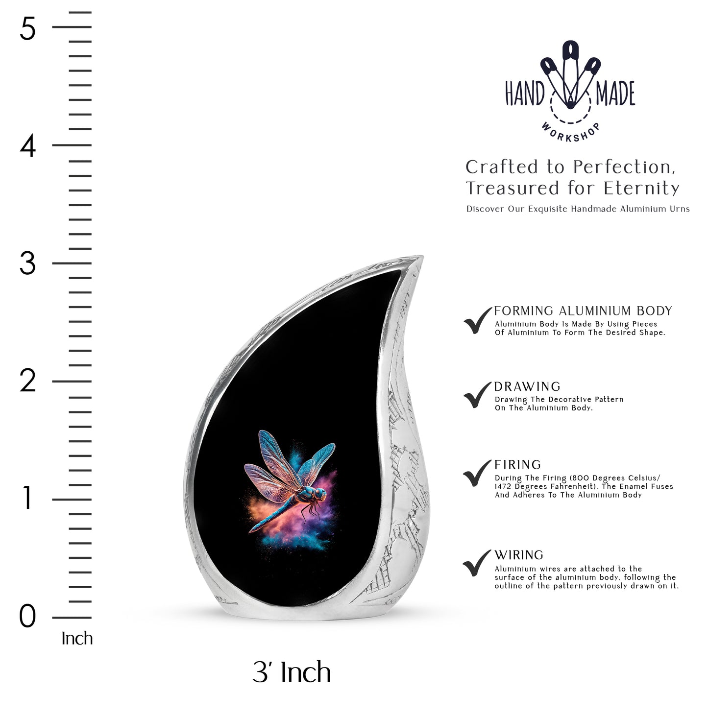 Charcoal Black Dragonfly Cremation Urn angled view of lid and engraved motif - graceful tear-shaped urn with dragonfly motif - mini keepsake memorial for portion of cremation ashes