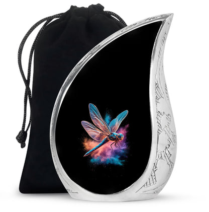 Rich Black Dragonfly Cremation Urn front view showing detailed design - rounded teardrop dragonfly design with delicate detail - full-size 10 inch 200 cubic inch adult cremation urn