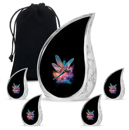 Midnight Black Dragonfly Cremation Urn side profile showing urn shape - graceful tear-shaped urn with dragonfly motif - memorial set with one large and four small urns