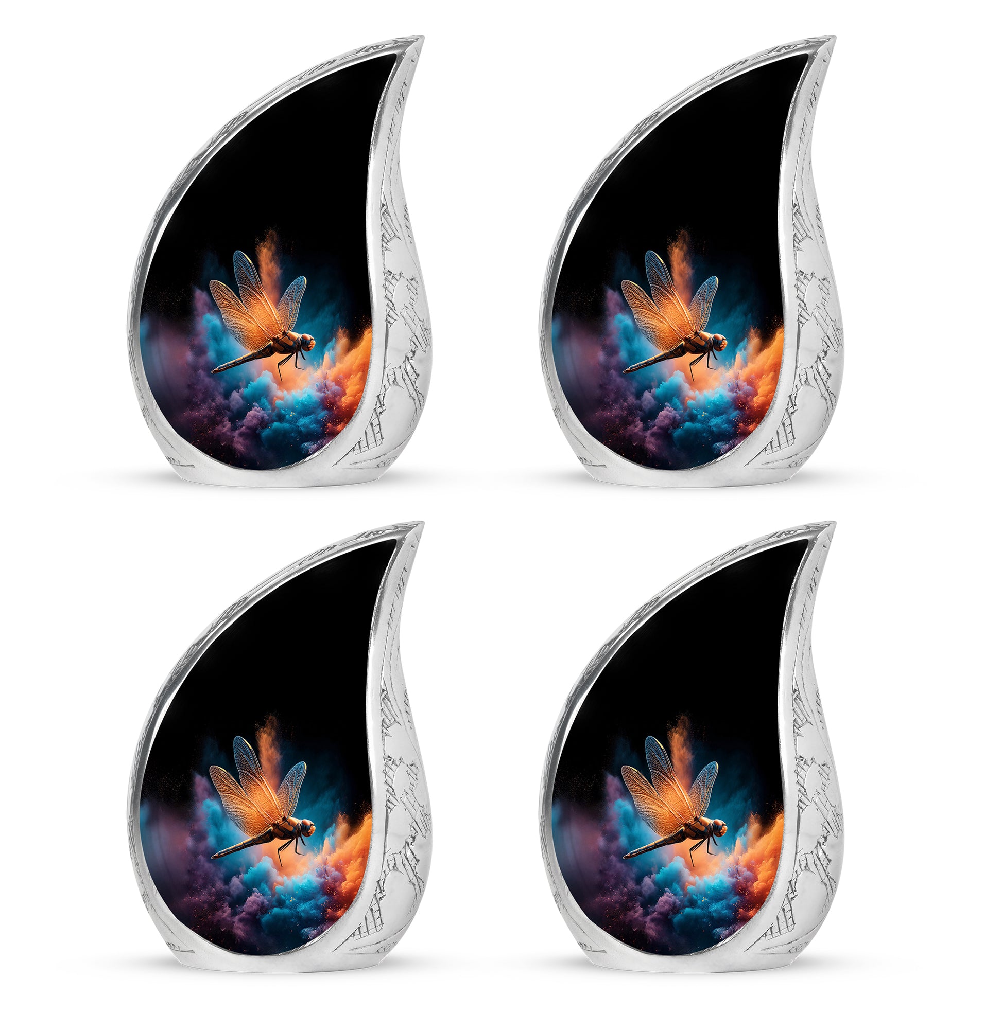 Deep Black Dragonfly Cremation Urn close-up of engraving and surface detail - rounded teardrop dragonfly design with delicate detail - 10 inch aluminum urn for cremated remains