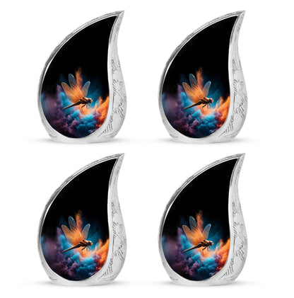 Deep Black Dragonfly Cremation Urn close-up of engraving and surface detail - rounded teardrop dragonfly design with delicate detail - 10 inch aluminum urn for cremated remains