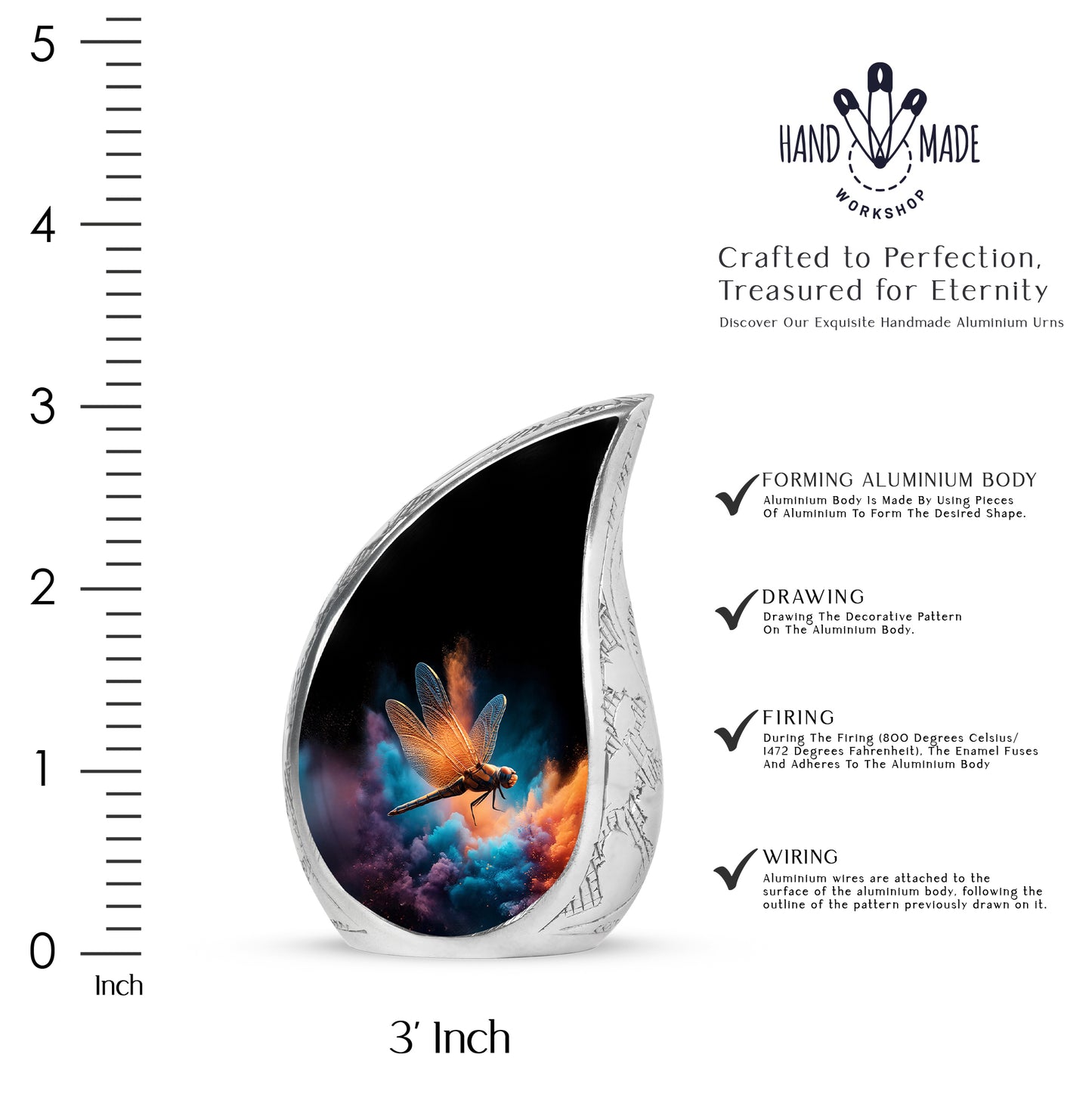 Charcoal Black Dragonfly Cremation Urn angled view of lid and engraved motif - graceful tear-shaped urn with dragonfly motif - mini keepsake memorial for portion of cremation ashes
