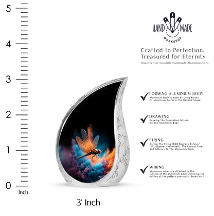 Charcoal Black Dragonfly Cremation Urn angled view of lid and engraved motif - graceful tear-shaped urn with dragonfly motif - mini keepsake memorial for portion of cremation ashes