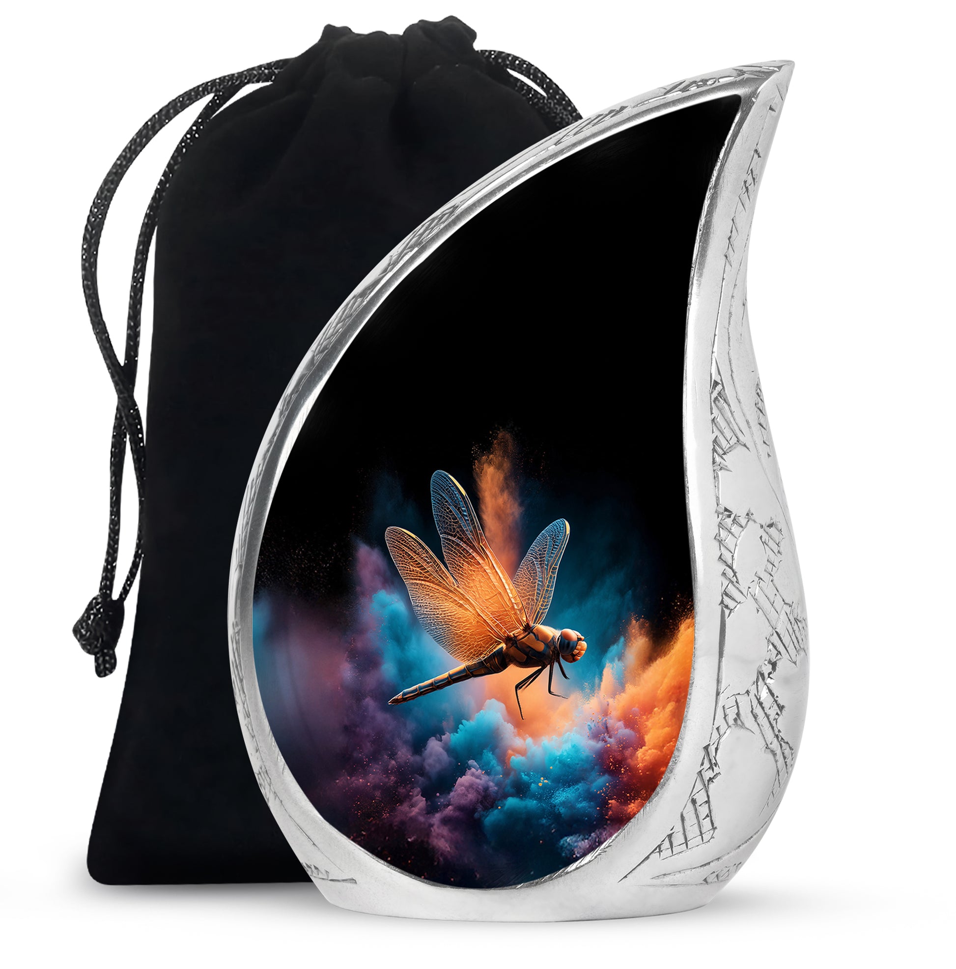 Obsidian Black Dragonfly Cremation Urn front view showing detailed design - graceful tear-shaped urn with dragonfly motif - full-size 10 inch 200 cubic inch adult cremation urn