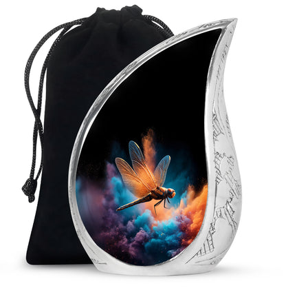 Obsidian Black Dragonfly Cremation Urn front view showing detailed design - graceful tear-shaped urn with dragonfly motif - full-size 10 inch 200 cubic inch adult cremation urn