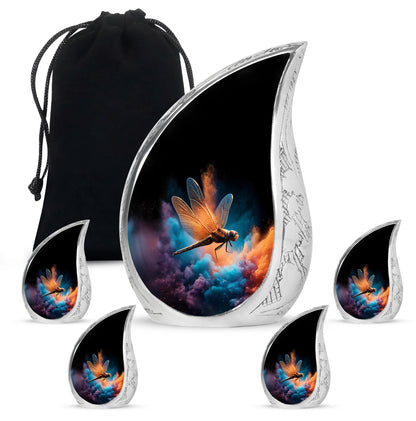 Dark Black Dragonfly Cremation Urn side profile showing urn shape - smooth teardrop contour featuring dragonfly art - memorial set with one large and four small urns
