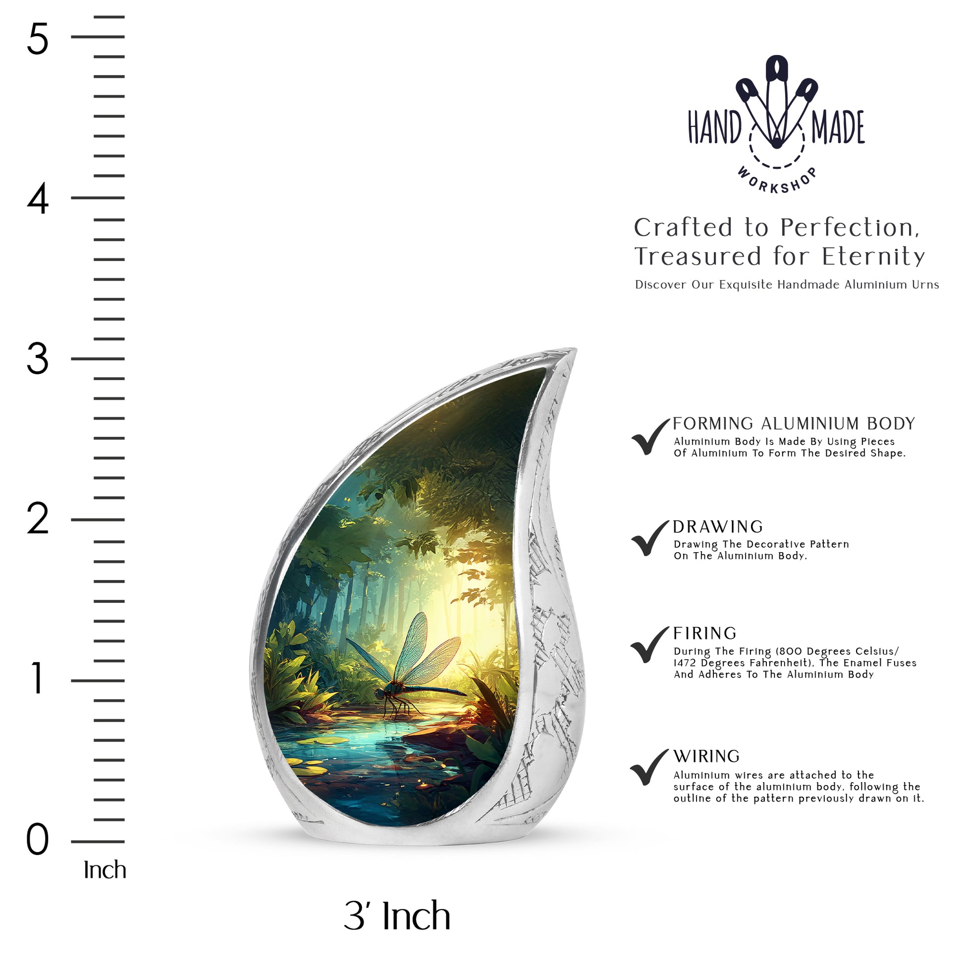 Ocean Teal Dragonfly Cremation Urn angled view of lid and engraved motif - flowing teardrop dragonfly silhouette on curved aluminum - mini keepsake memorial for portion of cremation ashes