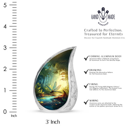 Ocean Teal Dragonfly Cremation Urn angled view of lid and engraved motif - flowing teardrop dragonfly silhouette on curved aluminum - mini keepsake memorial for portion of cremation ashes