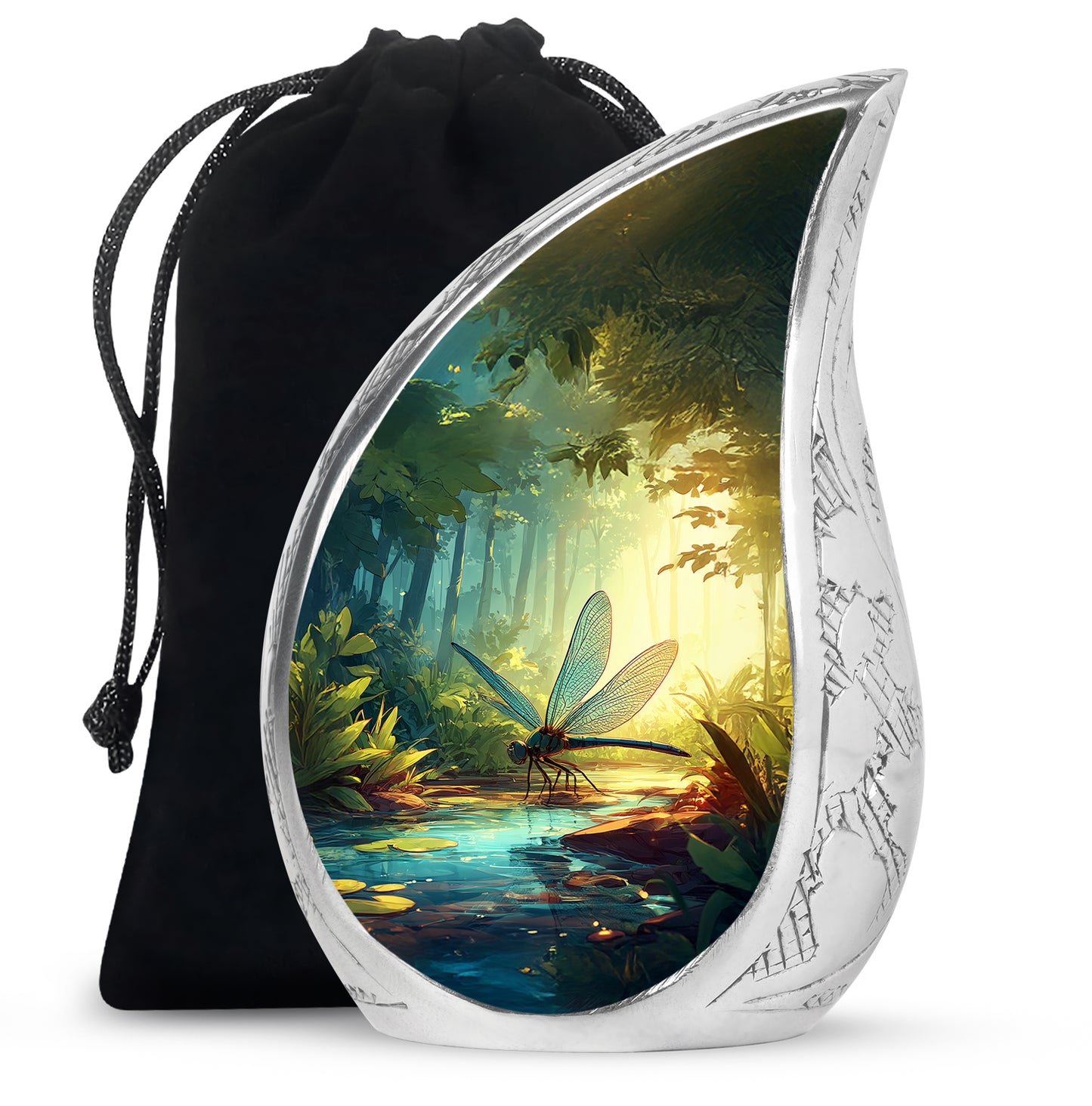 Jewel Teal Dragonfly Cremation Urn front view showing detailed design - flowing teardrop dragonfly silhouette on curved aluminum - full-size 10 inch 200 cubic inch adult cremation urn