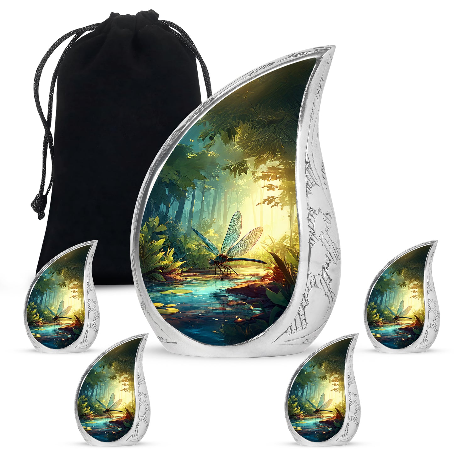 Cool Teal Dragonfly Cremation Urn side profile showing urn shape - flowing teardrop dragonfly silhouette on curved aluminum - memorial set with one large and four small urns