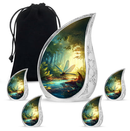 Cool Teal Dragonfly Cremation Urn side profile showing urn shape - flowing teardrop dragonfly silhouette on curved aluminum - memorial set with one large and four small urns