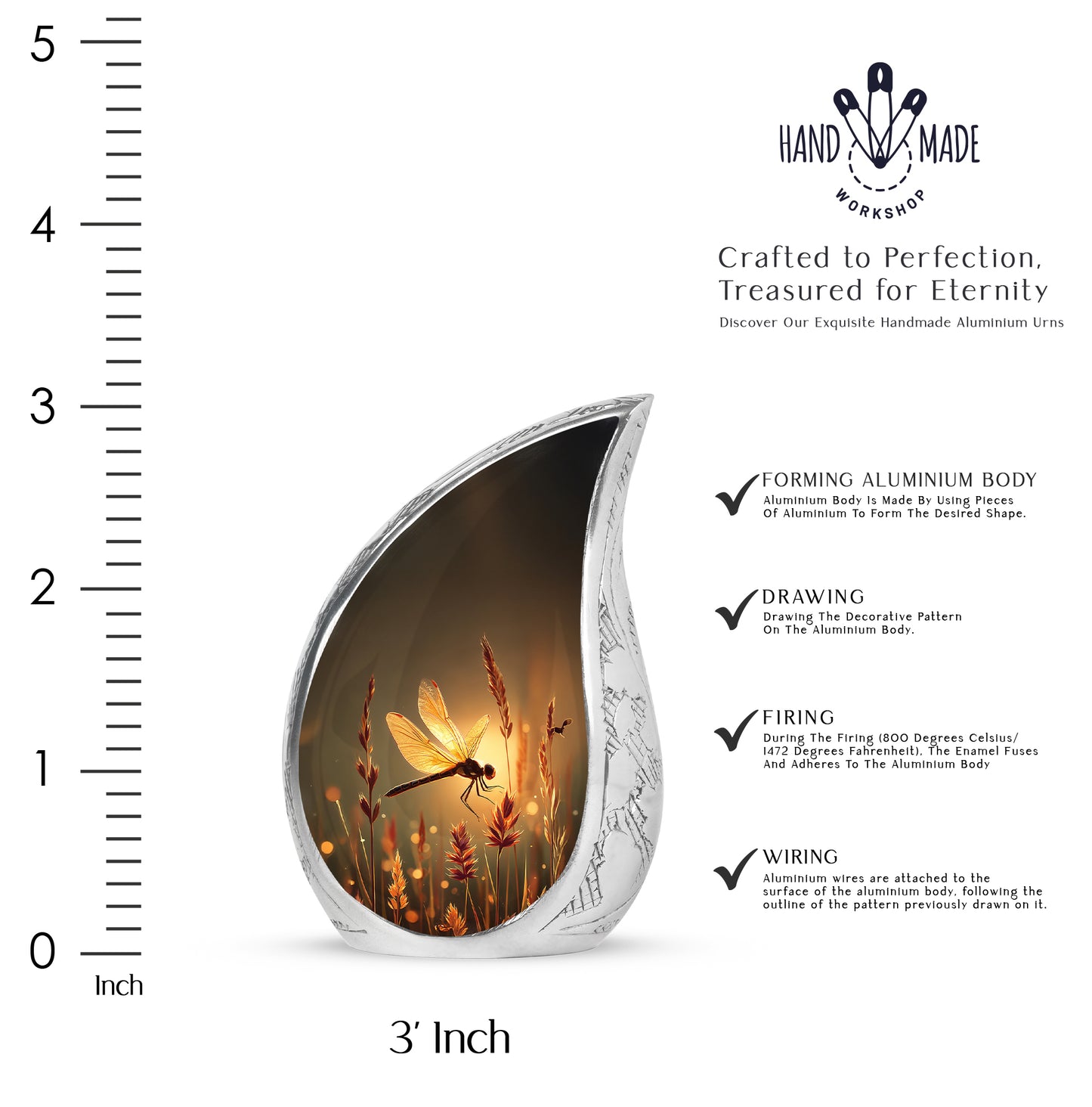 Sunrise Gold Dragonfly Cremation Urn angled view of lid and engraved motif - rounded teardrop dragonfly design with delicate detail - mini keepsake memorial for portion of cremation ashes