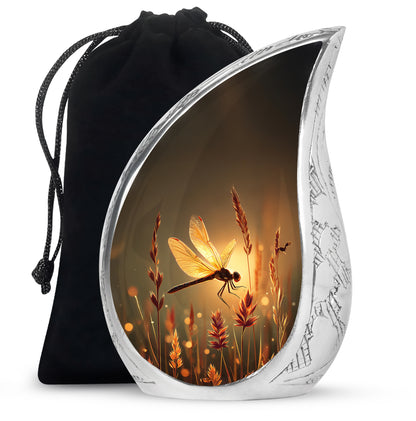 Amber Gold Dragonfly Cremation Urn front view showing detailed design - flowing teardrop dragonfly silhouette on curved aluminum - full-size 10 inch 200 cubic inch adult cremation urn