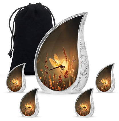 Amber Gold Dragonfly Cremation Urn side profile showing urn shape - rounded teardrop dragonfly design with delicate detail - memorial set with one large and four small urns