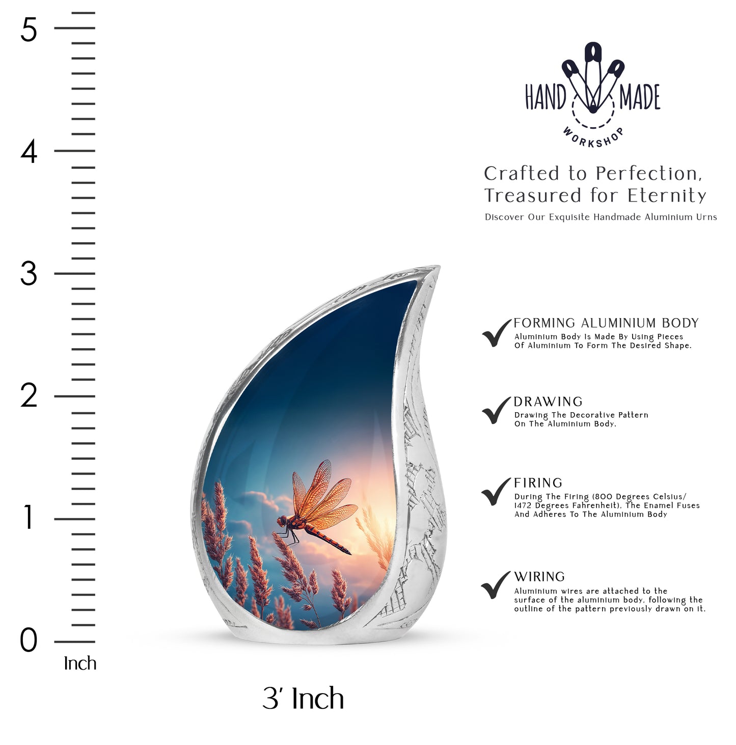 Azure Dragonfly Cremation Urn angled view of lid and engraved motif - rounded teardrop dragonfly design with delicate detail - mini keepsake memorial for portion of cremation ashes
