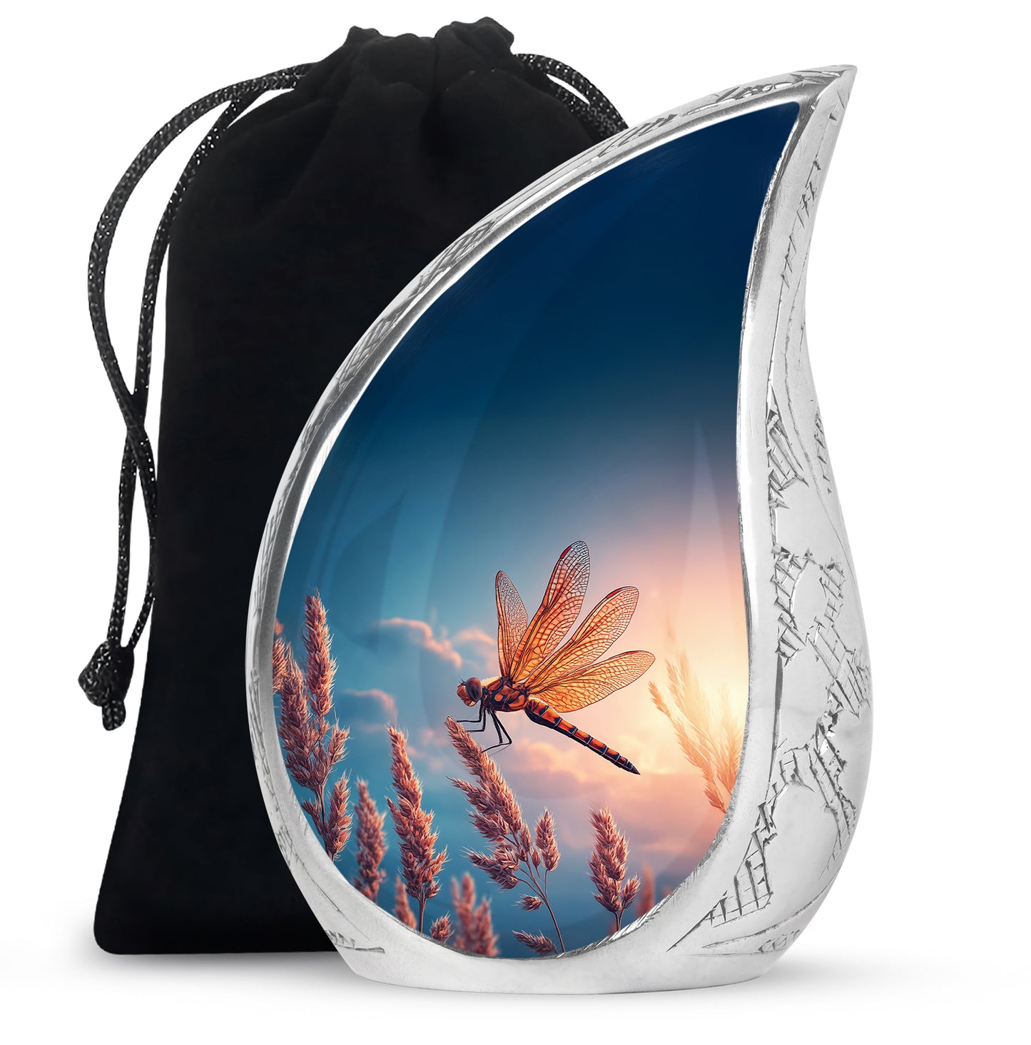 Icy Blue Dragonfly Cremation Urn front view showing detailed design - rounded teardrop dragonfly design with delicate detail - full-size 10 inch 200 cubic inch adult cremation urn