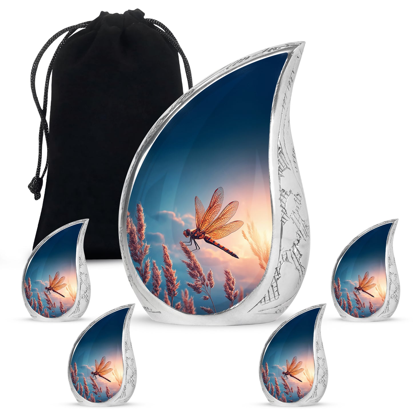 Powder Blue Dragonfly Cremation Urn side profile showing urn shape - rounded teardrop dragonfly design with delicate detail - memorial set with one large and four small urns