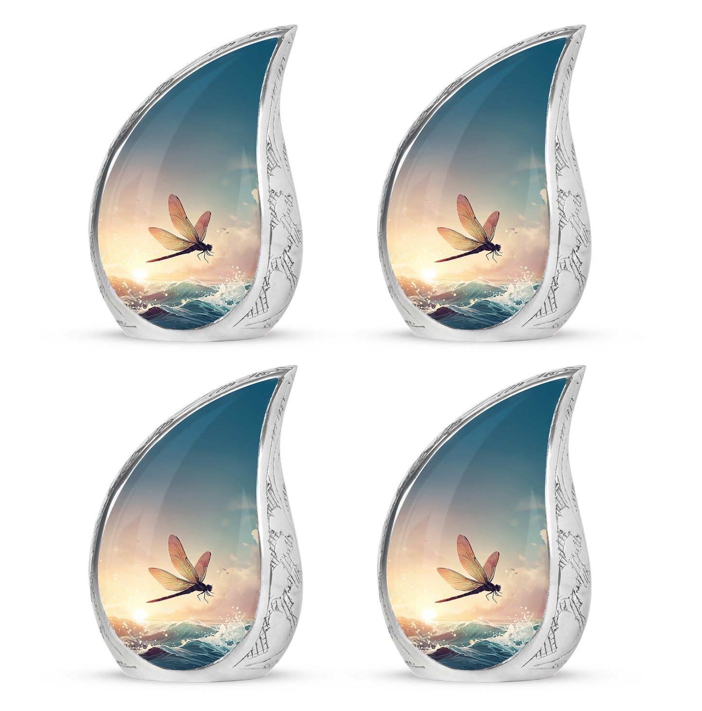 Dove Gray Dragonfly Cremation Urn close-up of engraving and surface detail - flowing teardrop dragonfly silhouette on curved aluminum - 10 inch aluminum urn for cremated remains