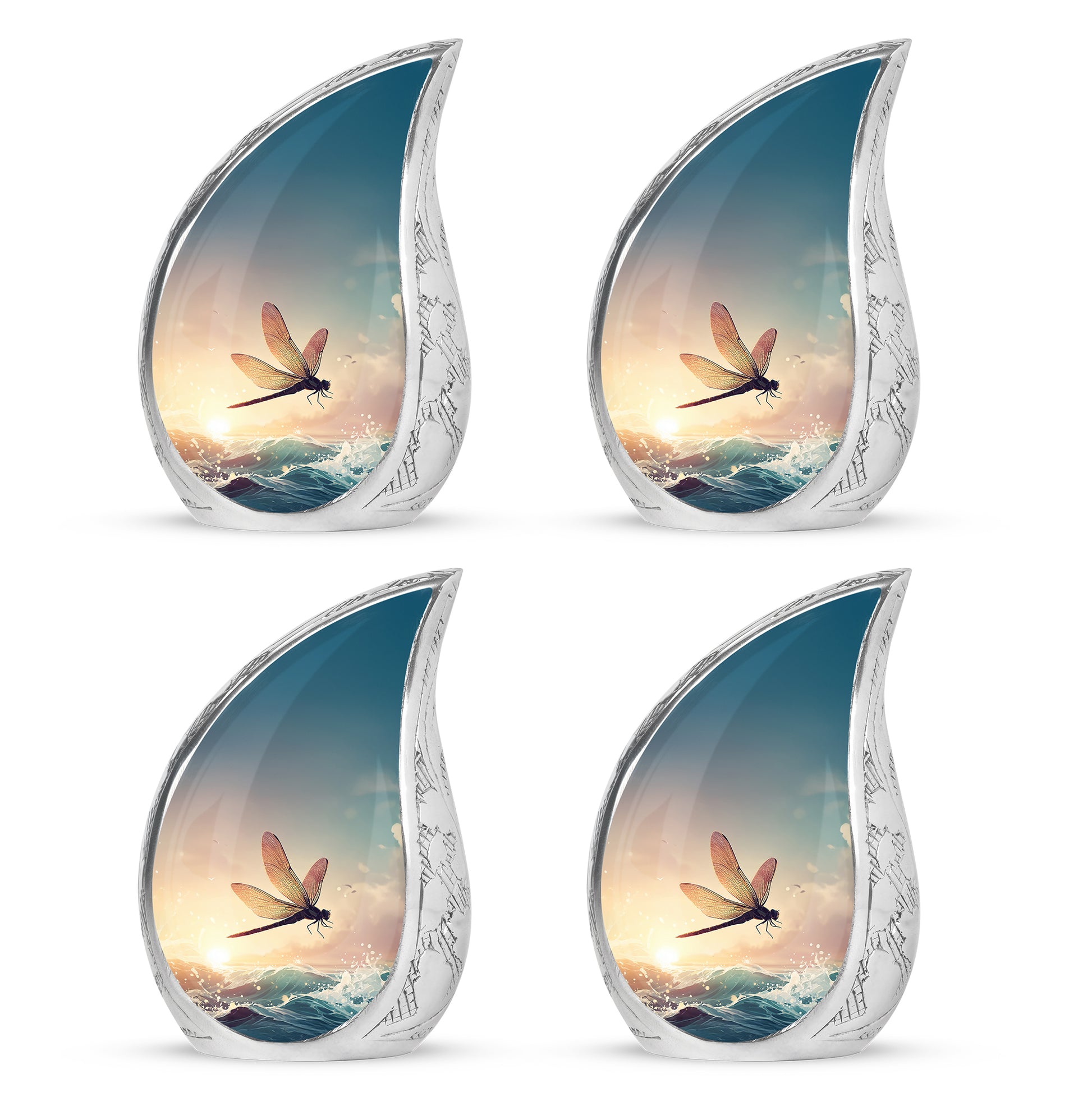 Dove Gray Dragonfly Cremation Urn close-up of engraving and surface detail - flowing teardrop dragonfly silhouette on curved aluminum - 10 inch aluminum urn for cremated remains