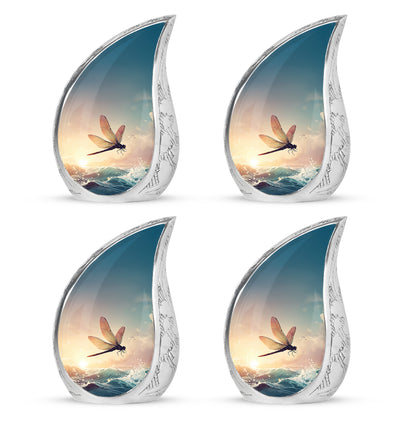 Dove Gray Dragonfly Cremation Urn close-up of engraving and surface detail - flowing teardrop dragonfly silhouette on curved aluminum - 10 inch aluminum urn for cremated remains