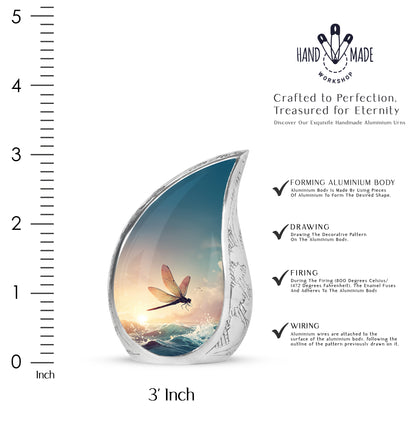 Ash Gray Dragonfly Cremation Urn angled view of lid and engraved motif - graceful tear-shaped urn with dragonfly motif - mini keepsake memorial for portion of cremation ashes