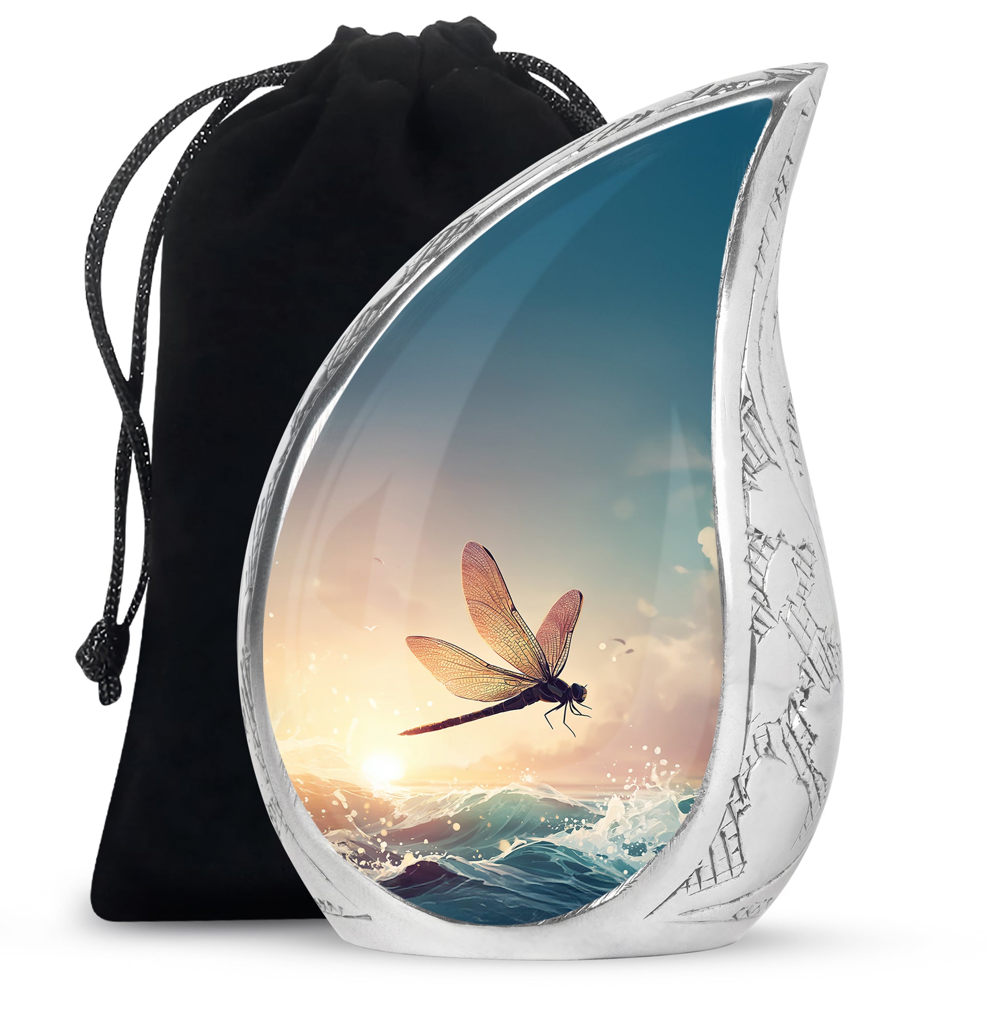 Storm Gray Dragonfly Cremation Urn front view showing detailed design - smooth teardrop contour featuring dragonfly art - full-size 10 inch 200 cubic inch adult cremation urn