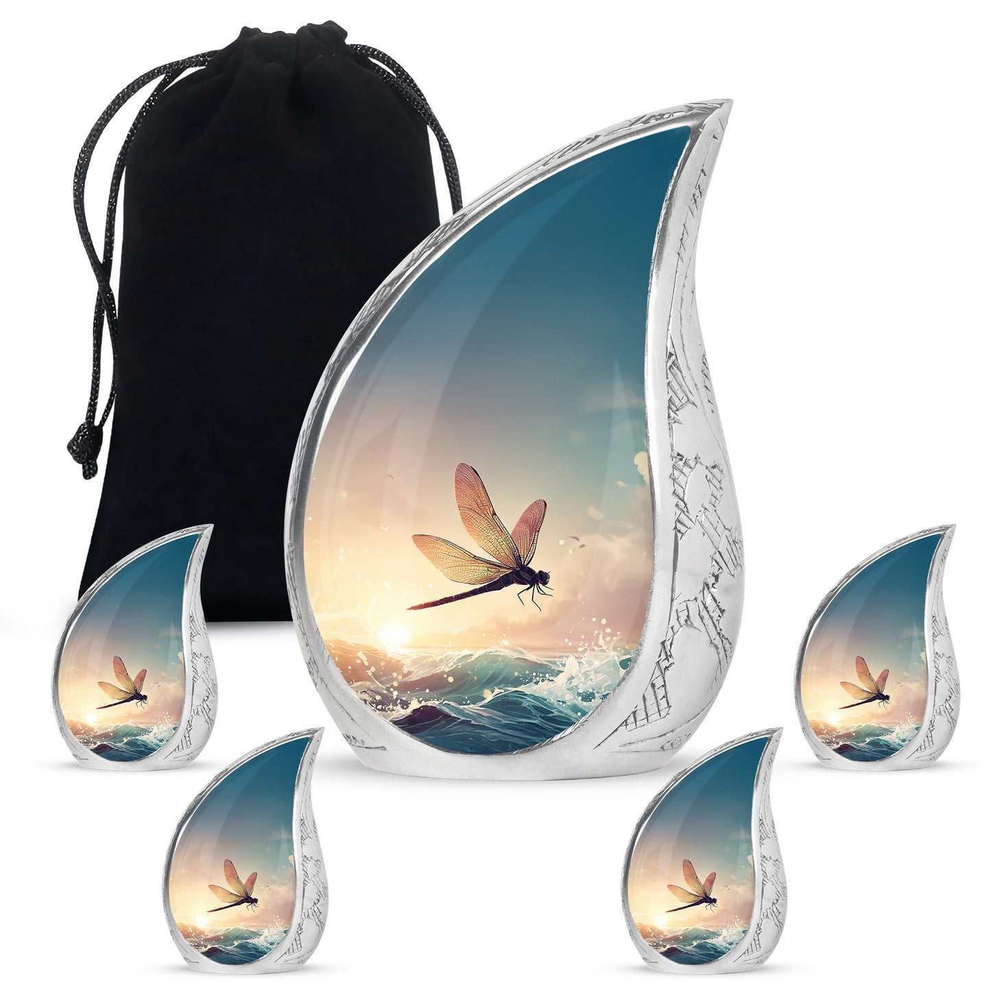 Ash Gray Dragonfly Cremation Urn side profile showing urn shape - graceful tear-shaped urn with dragonfly motif - memorial set with one large and four small urns