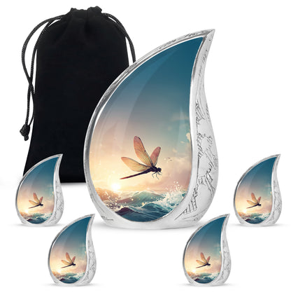 Ash Gray Dragonfly Cremation Urn side profile showing urn shape - graceful tear-shaped urn with dragonfly motif - memorial set with one large and four small urns