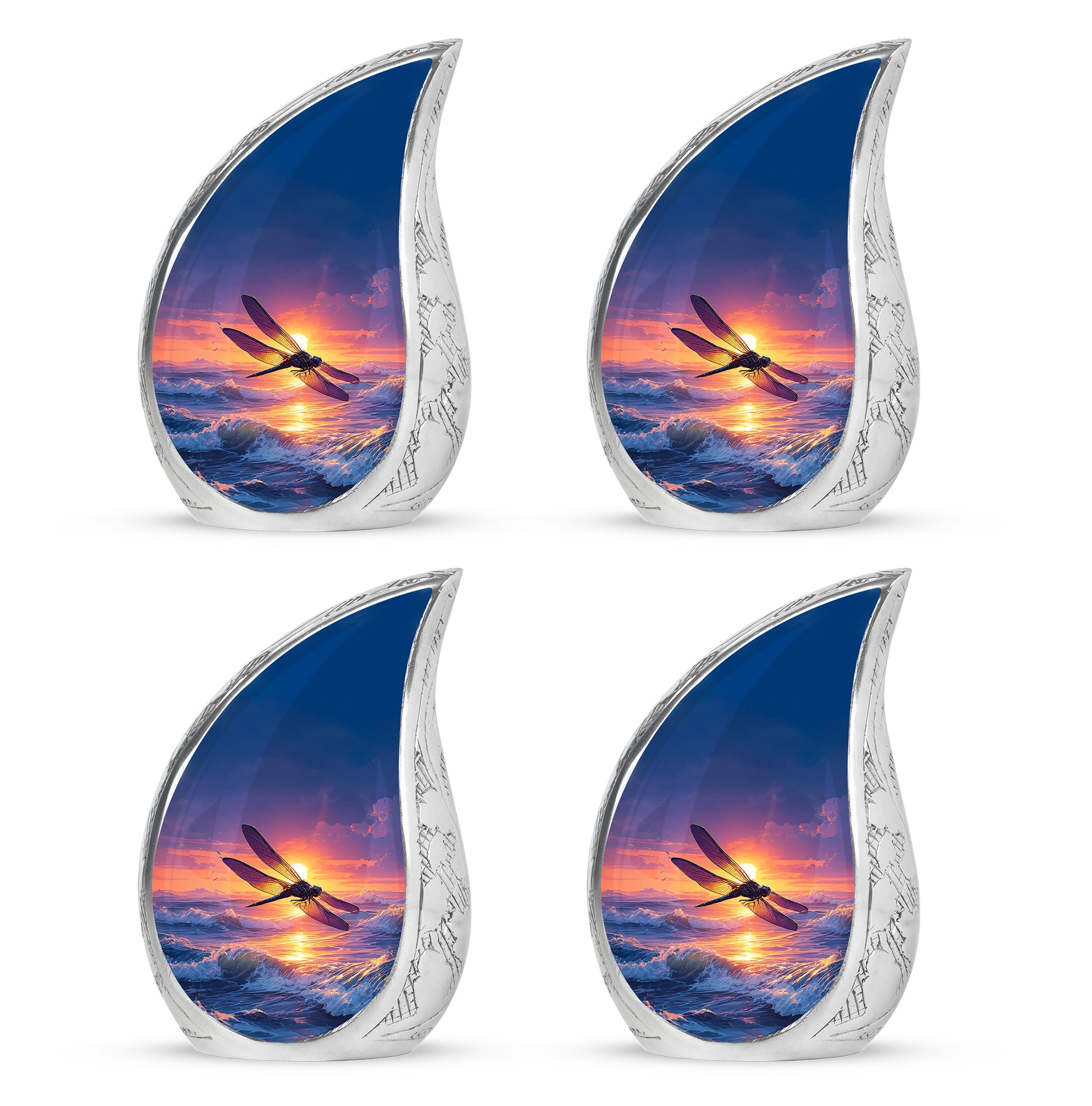 Steel Blue Dragonfly Cremation Urn close-up of engraving and surface detail - graceful tear-shaped urn with dragonfly motif - 10 inch aluminum urn for cremated remains