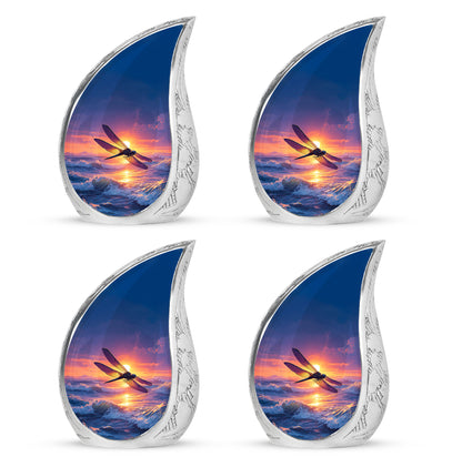 Steel Blue Dragonfly Cremation Urn close-up of engraving and surface detail - graceful tear-shaped urn with dragonfly motif - 10 inch aluminum urn for cremated remains