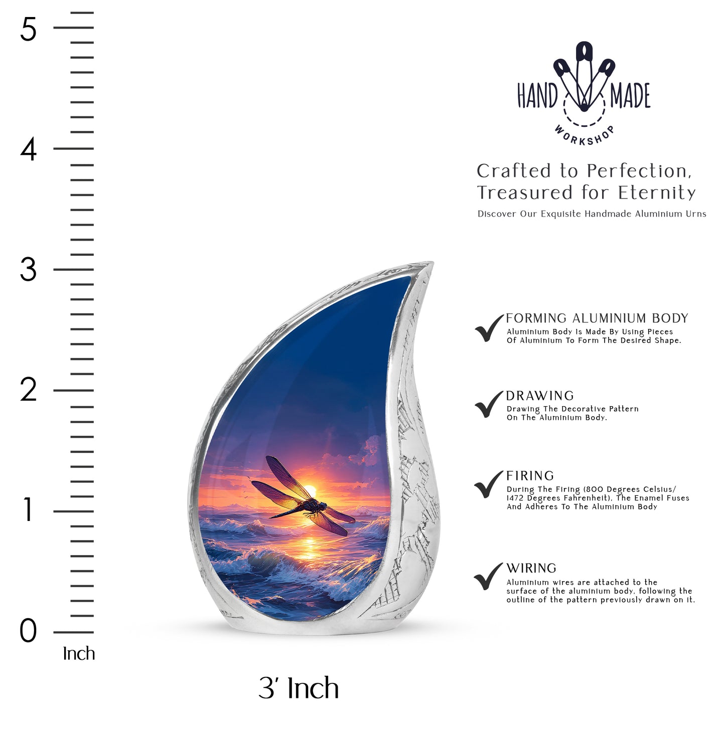 Sapphire Blue Dragonfly Cremation Urn angled view of lid and engraved motif - smooth teardrop contour featuring dragonfly art - mini keepsake memorial for portion of cremation ashes